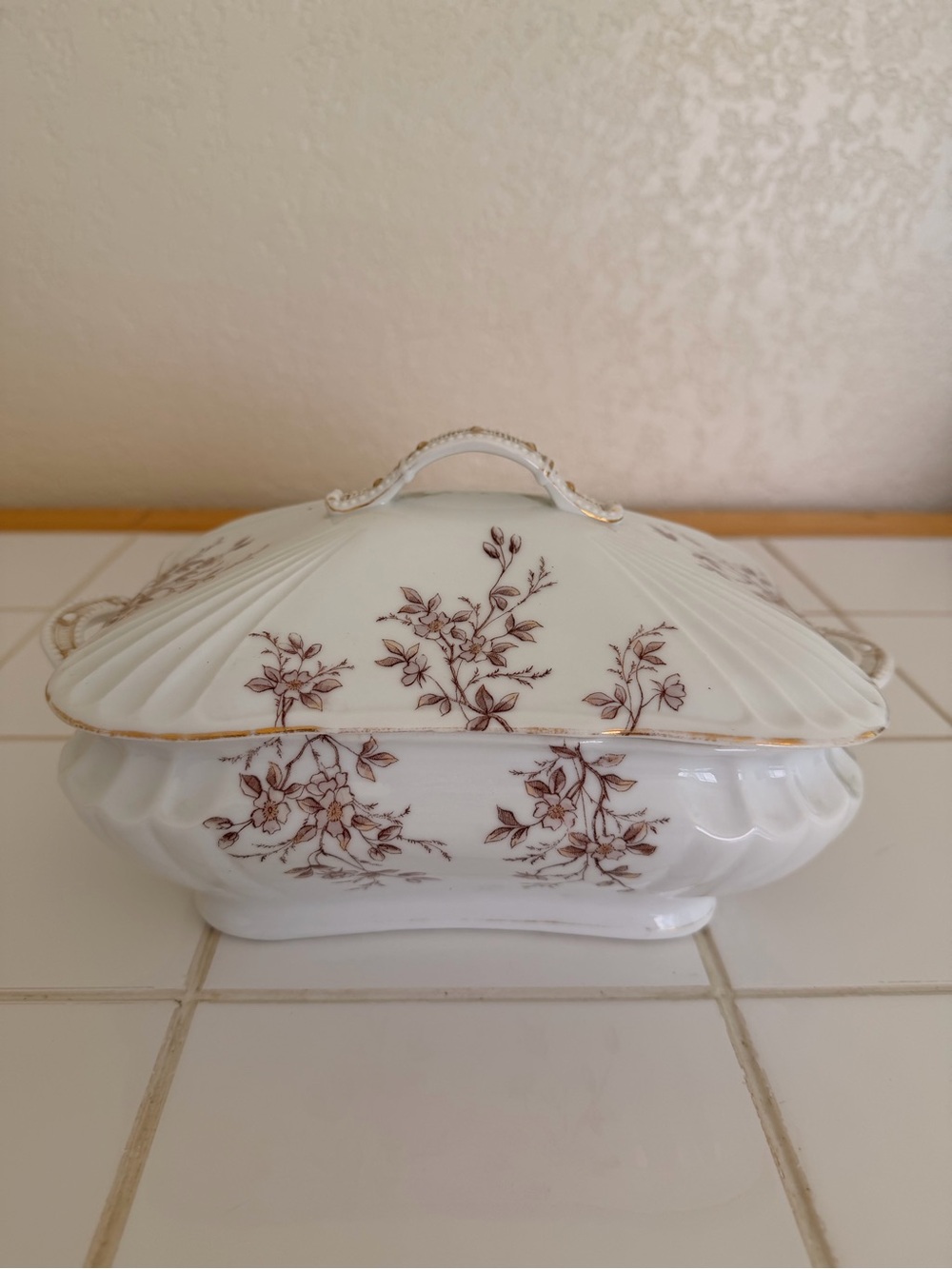 Vintage Austrian Brown Floral Covered Bone China Serving Dish Gold Trim EC